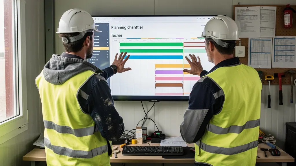 Chef de chantier et technicien consultant planning digital sur écran