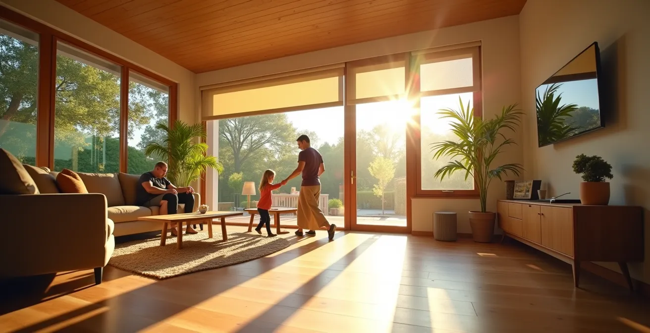 Salon lumineux avec grande baie vitrée orientée sud et protection solaire extérieure