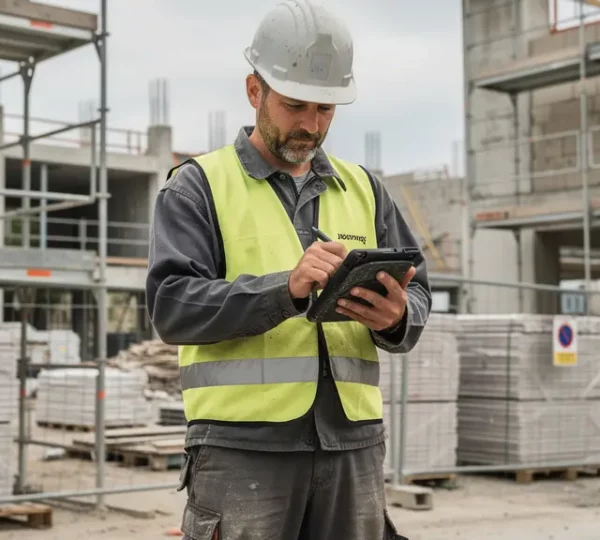 Technicien BTP consultant tablette sur chantier en construction