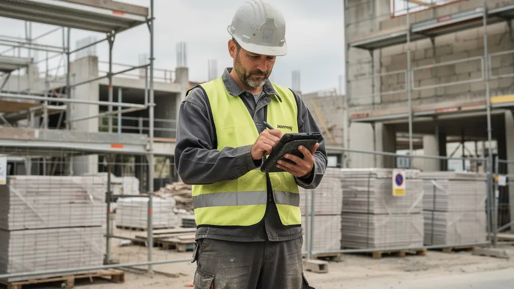 Technicien BTP consultant tablette sur chantier en construction