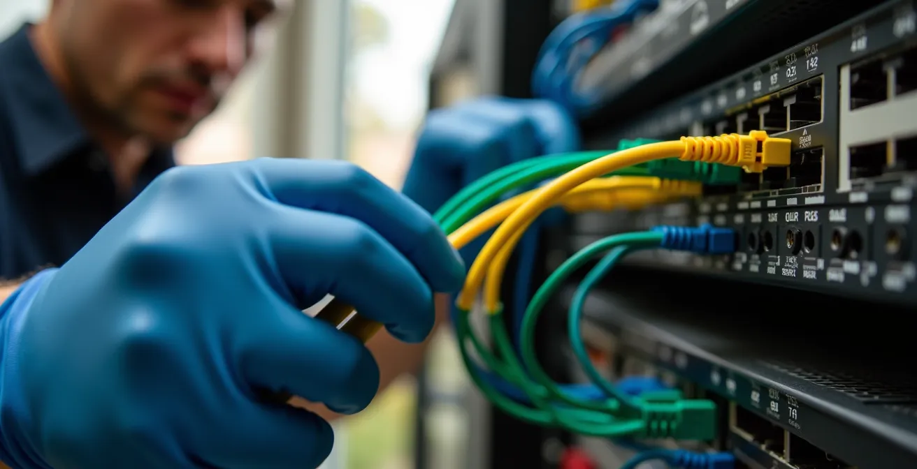 Technicien professionnel organisant les câbles dans une baie de brassage résidentielle