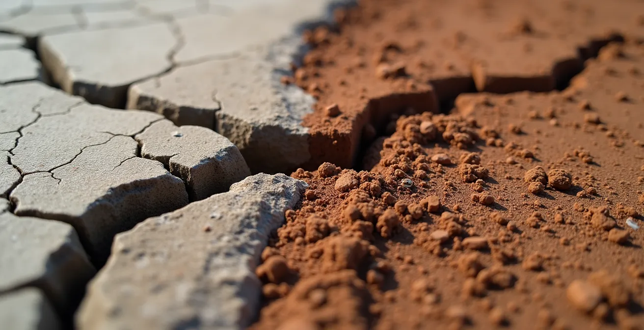 Vue rapprochée de fissures sur les fondations d'une maison causées par le retrait-gonflement des argiles