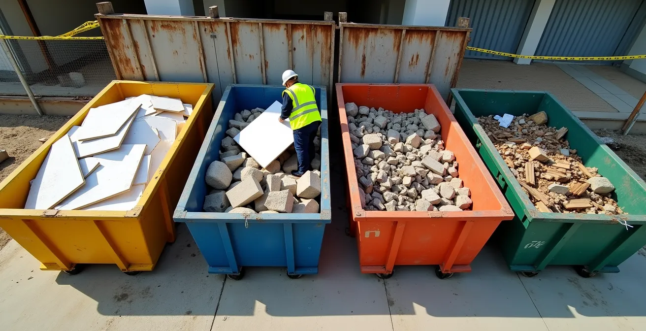 Zone de tri des déchets sur chantier avec bennes séparées pour placo et gravats