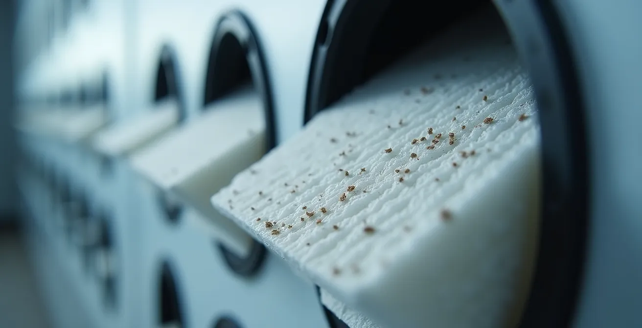 Système de VMC double flux installé dans les combles d'une maison française avec conduits et filtres visibles