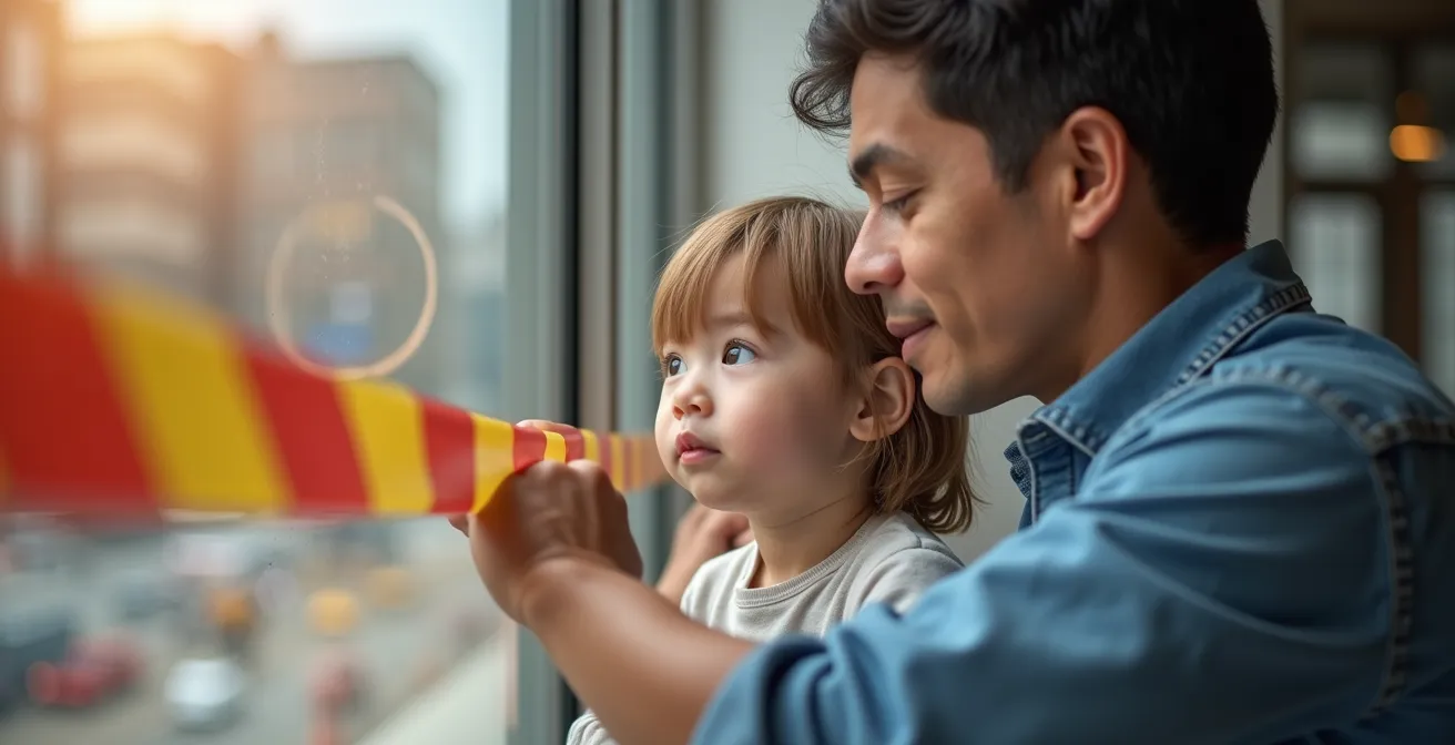 Zone de chantier sécurisée avec barrières colorées et signalisation adaptée aux enfants