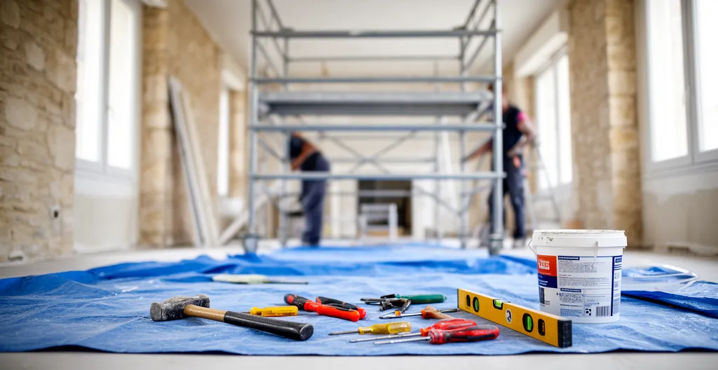 Chantier de rénovation intérieure avec échafaudage et outils de travaux immobiliers
