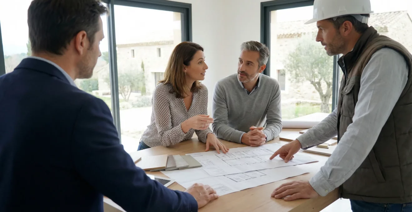 Couple consultant des plans de construction maison avec professionnel dans le Var