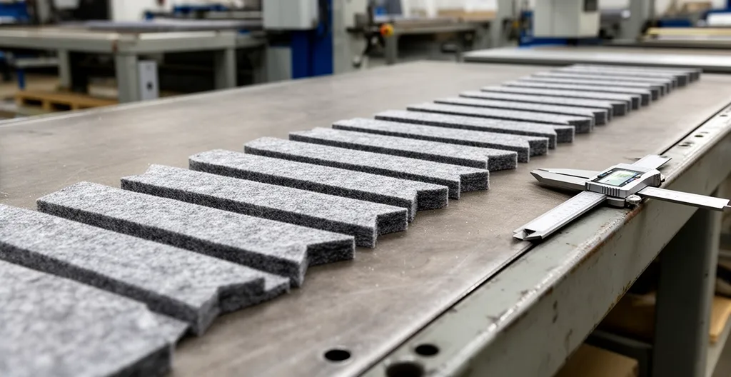 Pièces textiles découpées alignées pour contrôle qualité série en atelier