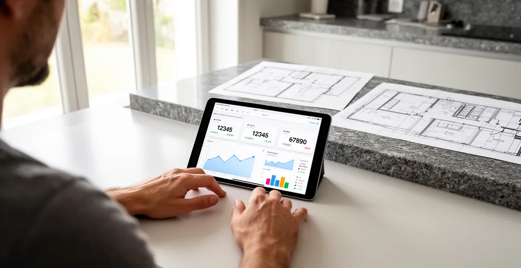 Propriétaire consultant son budget de travaux immobiliers sur tablette