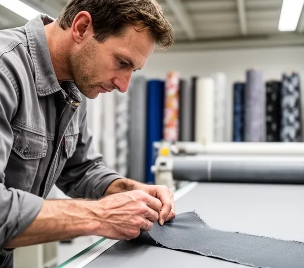 Technicien contrôlant une pièce textile découpée dans un atelier industriel de transformation