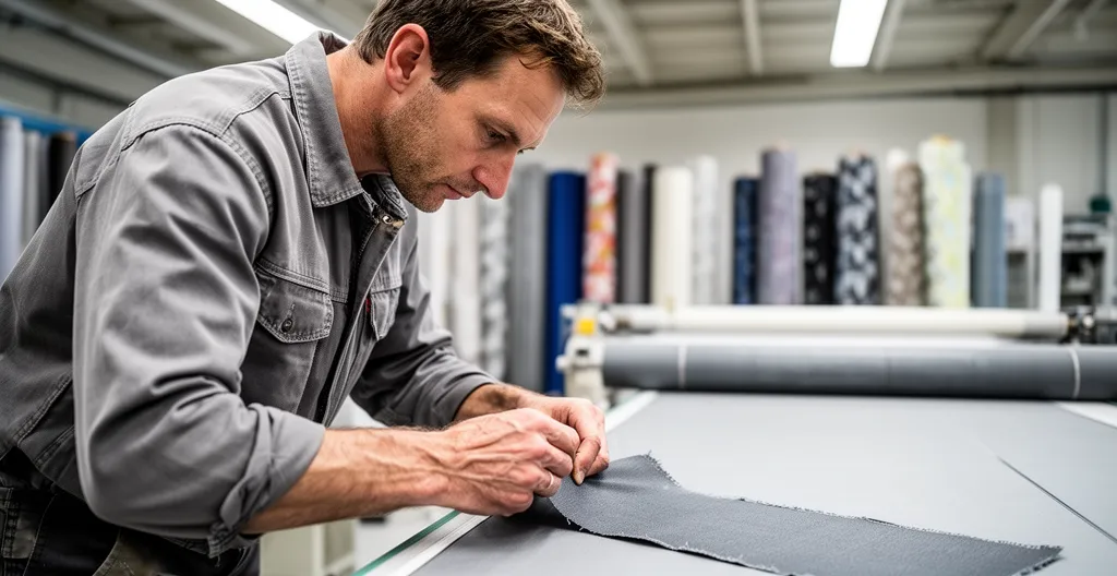 Technicien contrôlant une pièce textile découpée dans un atelier industriel de transformation