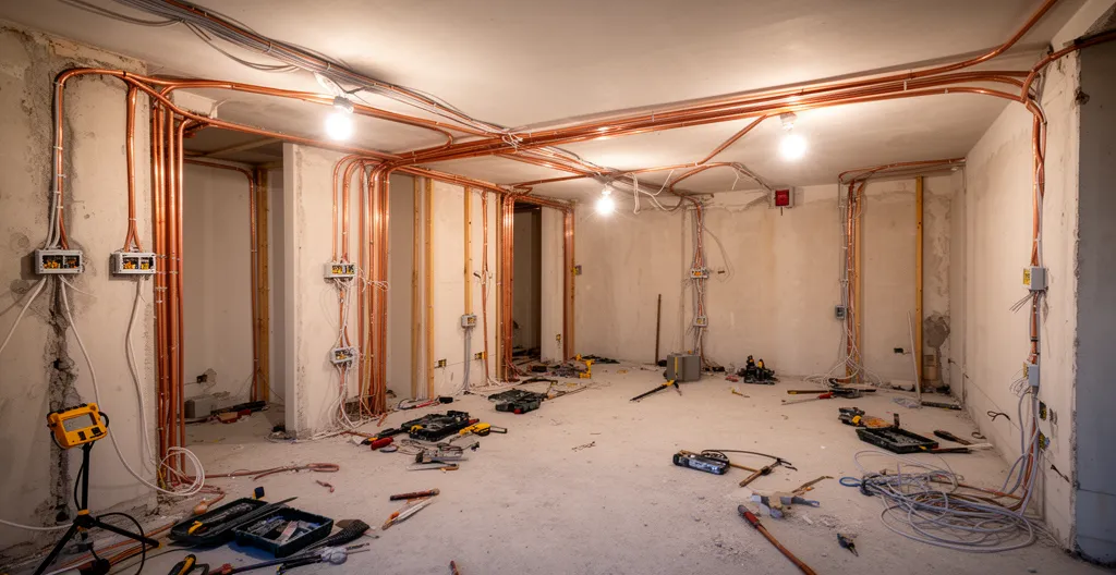 Travaux de plomberie et électricité en cours dans appartement en rénovation