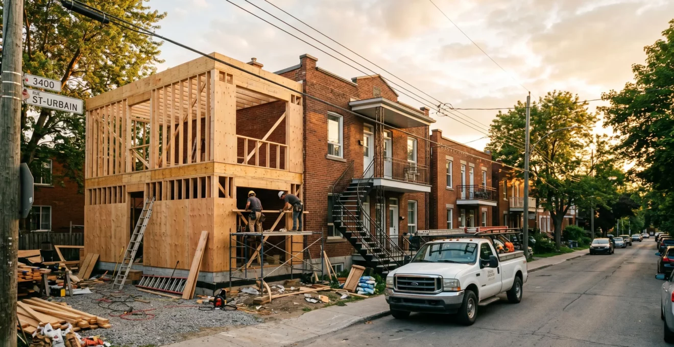 Chantier d'extension latérale en charpente bois d'une maison résidentielle en brique dans un quartier typique de Montréal, avec matériaux de construction visibles et camion entrepreneur