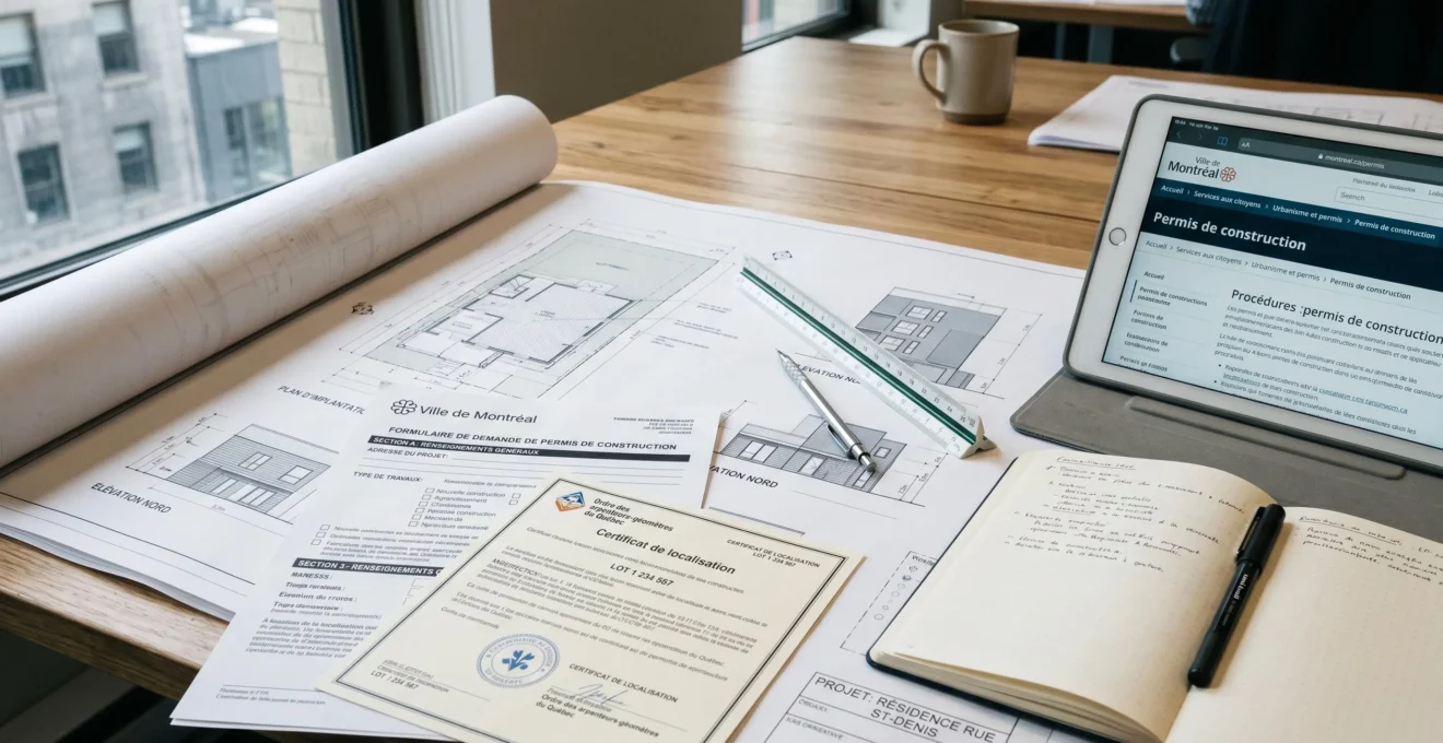 Dossier de demande de permis de construction étalé sur bureau avec plans architecturaux, formulaires Ville de Montréal et certificat de localisation