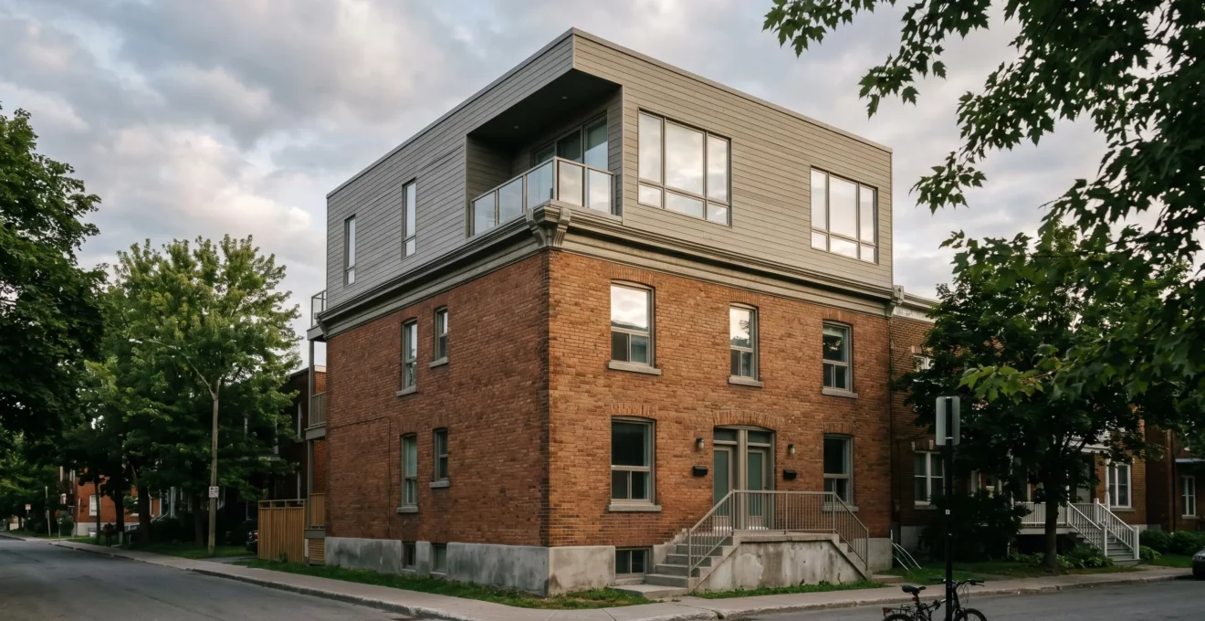 Duplex montréalais en brique avec surélévation d'un étage en bardage moderne, montrant l'intégration architecturale entre construction originale et agrandissement récent