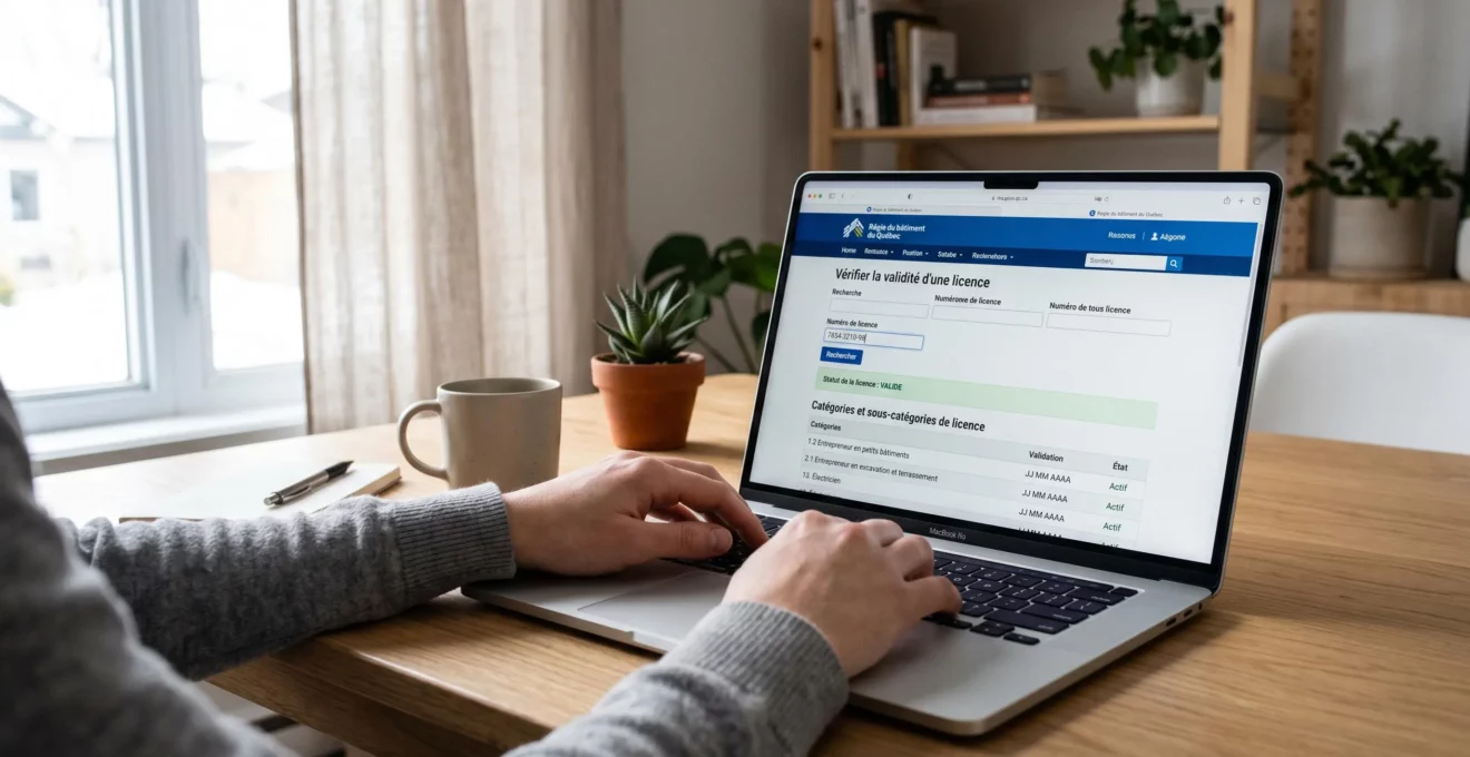 Écran d'ordinateur affichant le site web de la Régie du bâtiment du Québec avec interface de vérification de licence d'entrepreneur
