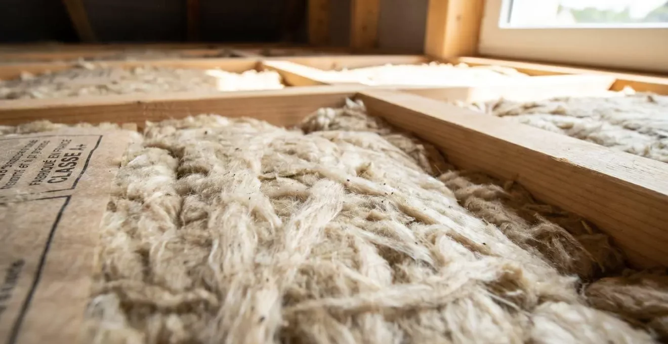 Gros plan détaillé de laine minérale beige clair avec texture fibreuse visible, installée entre solives bois dans combles, éclairage latéral révélant la structure du matériau isolant