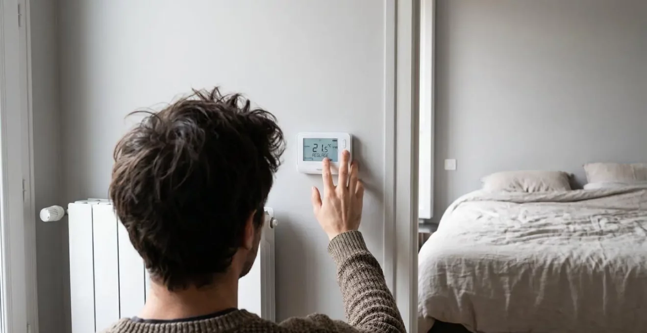 Personne de dos réglant un thermostat programmable numérique blanc fixé au mur d