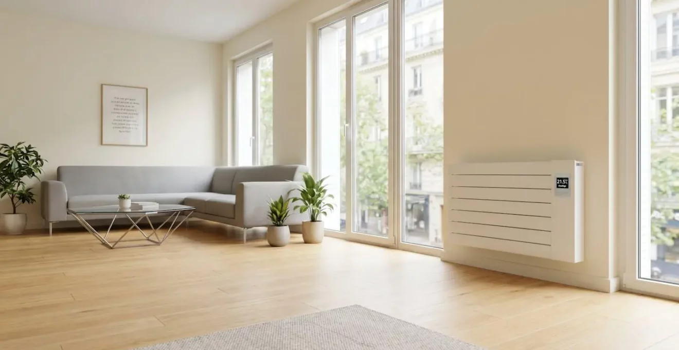 Salon contemporain français avec grandes fenêtres double vitrage laissant entrer la lumière naturelle, radiateur mural équipé d