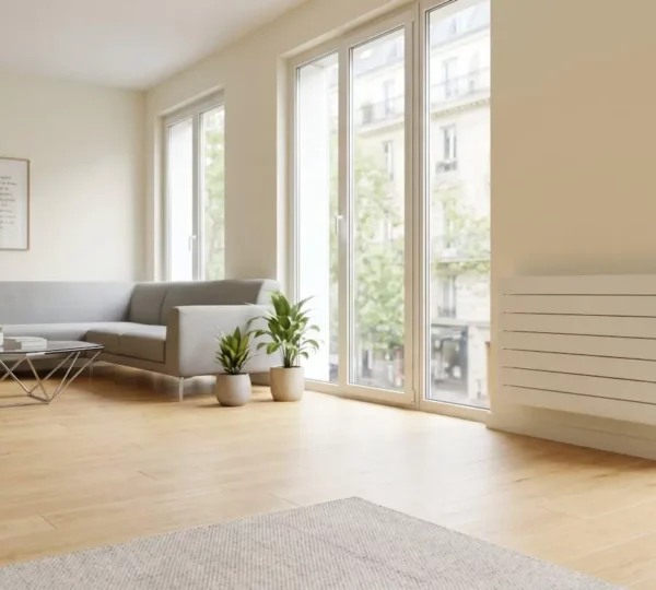 Salon contemporain français avec grandes fenêtres double vitrage laissant entrer la lumière naturelle, radiateur mural équipé d
