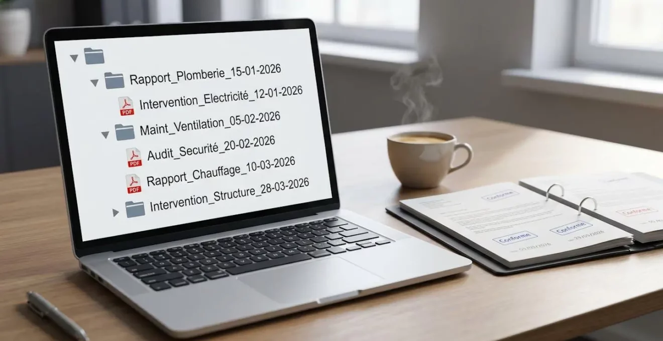Ordinateur portable affichant des dossiers numériques de rapports d'intervention datés, à côté d'un classeur physique avec documents tamponnés, sur un bureau de gestionnaire immobilier
