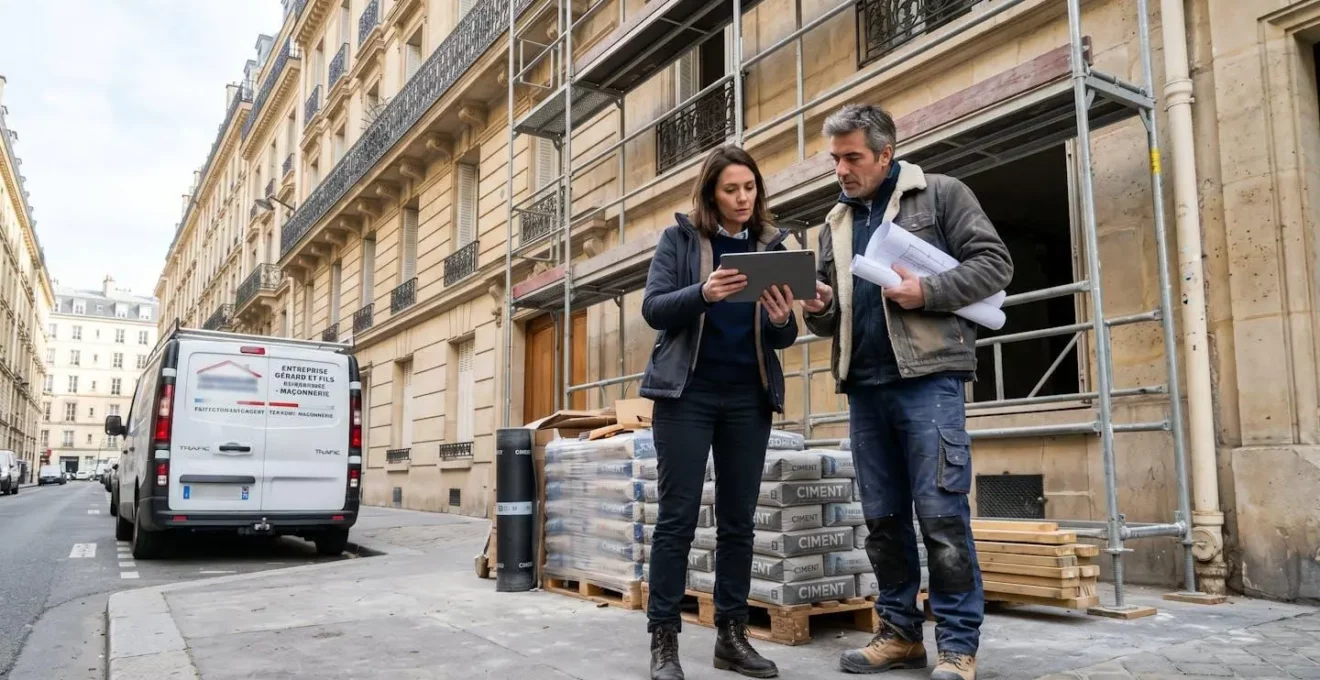 Gestionnaire de chantier et artisan coordonnant une intervention de rénovation devant un immeuble parisien avec échafaudages, consultant une tablette tactile au milieu de matériaux de construction