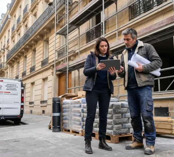 Gestionnaire de chantier et artisan coordonnant une intervention de rénovation devant un immeuble parisien avec échafaudages, consultant une tablette tactile au milieu de matériaux de construction