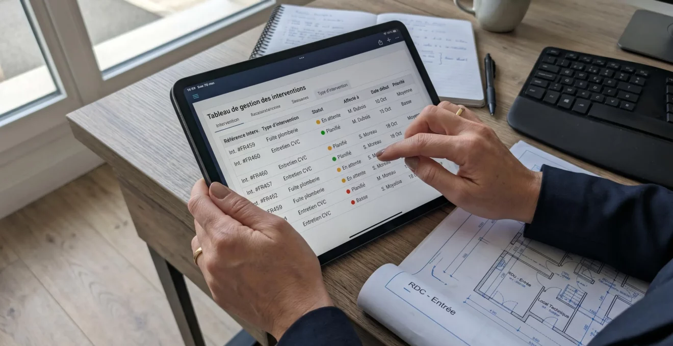 Mains d'une gestionnaire immobilière consultant un tableau de bord de gestion d'interventions sur tablette numérique, posée sur un bureau avec plans et documentation