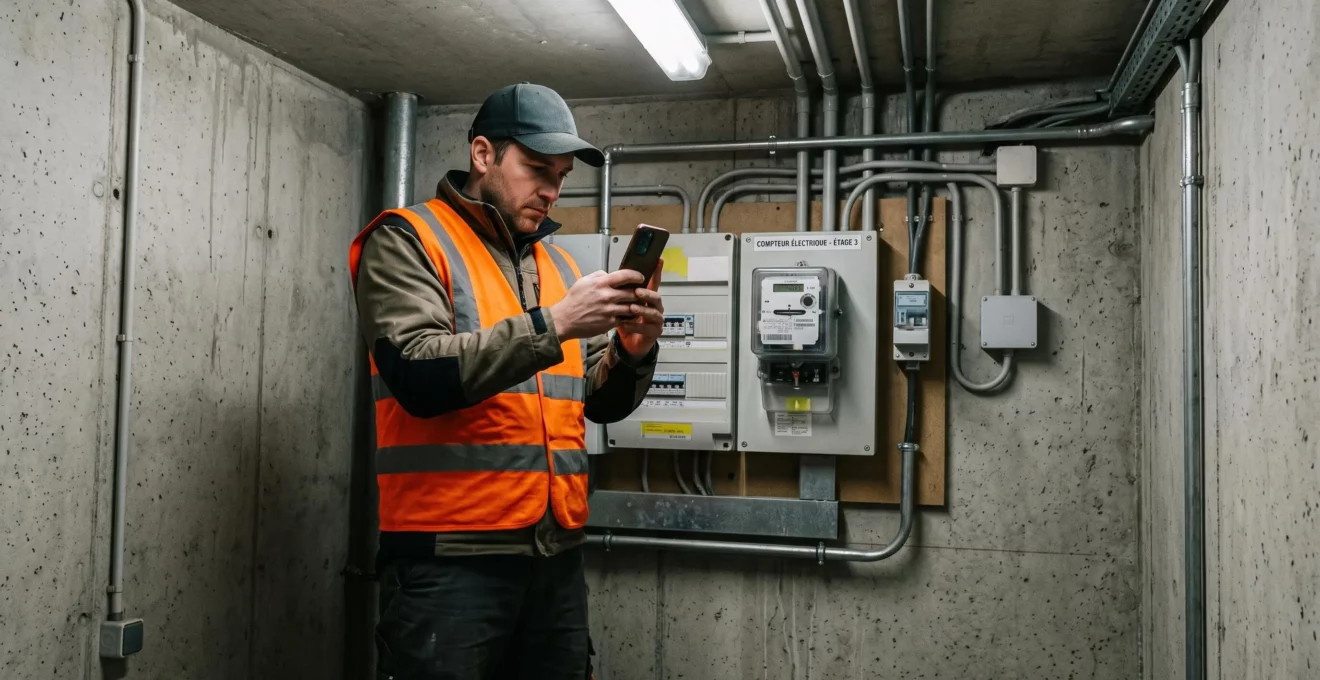 Technicien de maintenance photographiant un compteur électrique avec son smartphone dans un local technique d'immeuble pour documenter son intervention