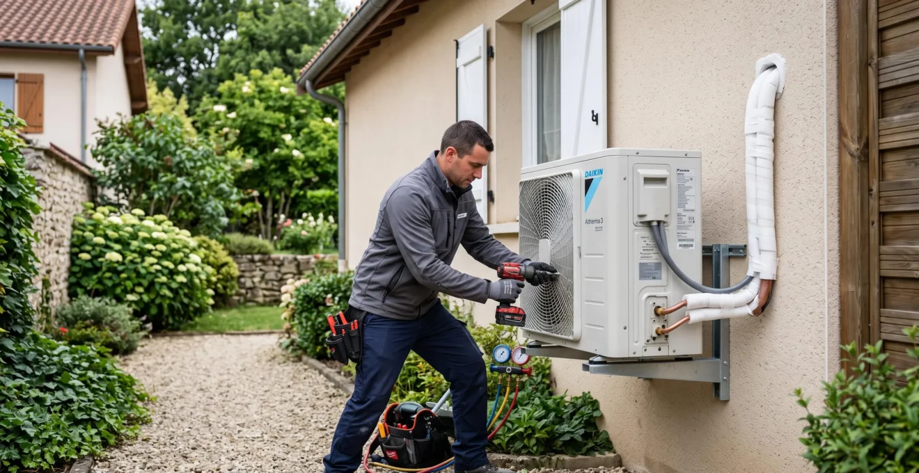 Technicien professionnel installant une pompe à chaleur air-eau sur le mur extérieur d'une maison individuelle française