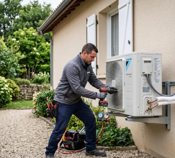 Technicien professionnel installant une pompe à chaleur air-eau sur le mur extérieur d'une maison individuelle française